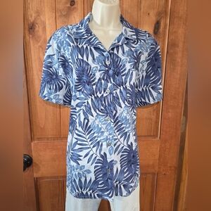 Chic Linen Blue Leaf Pattern Shirt